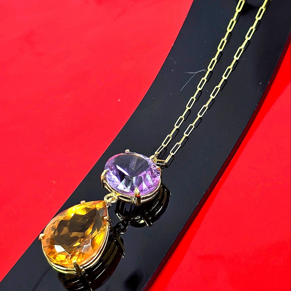 925 Sterling Silver Necklace 14K Gold Pl with Natural Amethyst & Honey Quartz